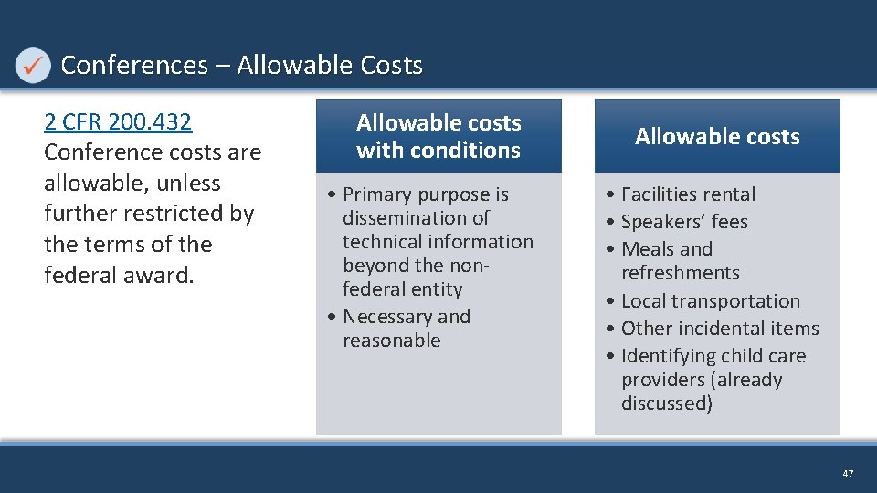 Conferences – Allowable Costs 2 CFR 200. 432 Conference costs are allowable, unless further