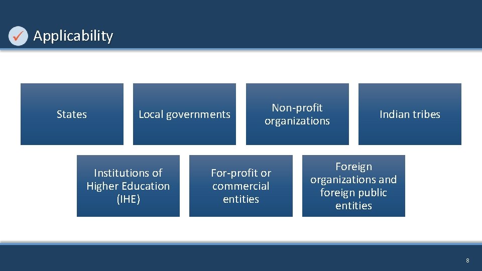 Applicability States Local governments Institutions of Higher Education (IHE) Non-profit organizations For-profit or commercial