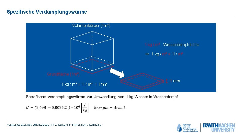 Spezifische Verdampfungswärme Volumenkörper [1 m³] 1 kg / m³ Wasserdampfdichte 1 kg / m²