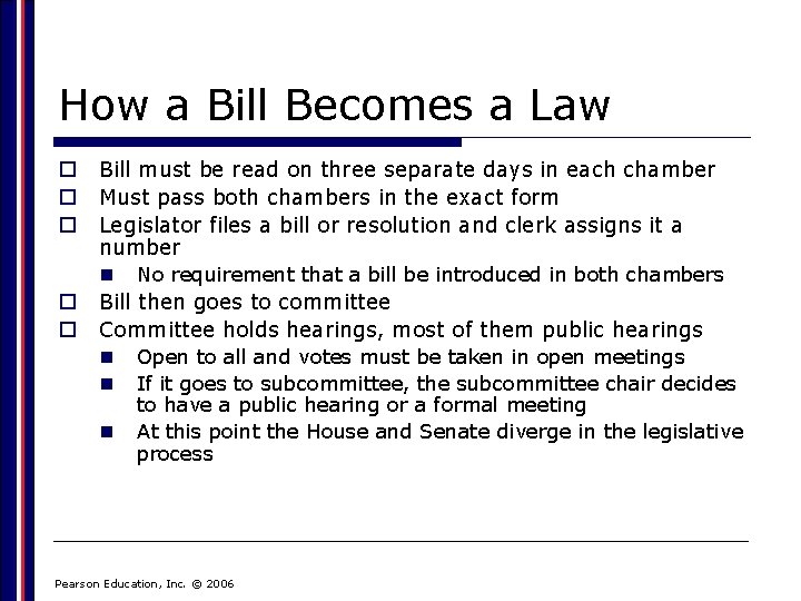 How a Bill Becomes a Law o o o Bill must be read on
