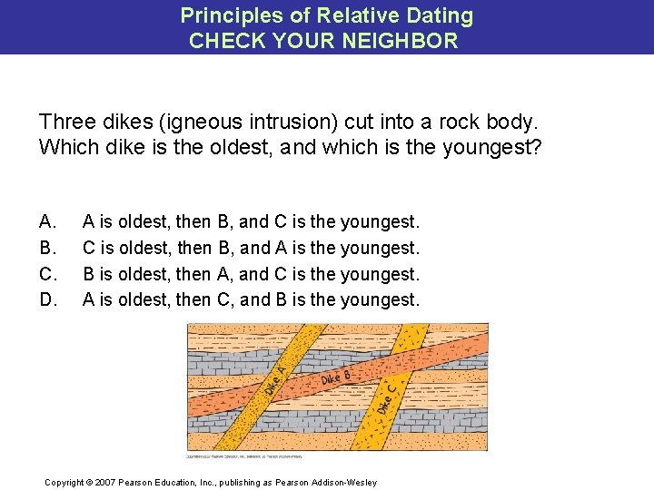 Principles of Relative Dating CHECK YOUR NEIGHBOR Three dikes (igneous intrusion) cut into a