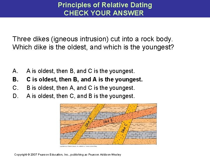 Principles of Relative Dating CHECK YOUR ANSWER Three dikes (igneous intrusion) cut into a