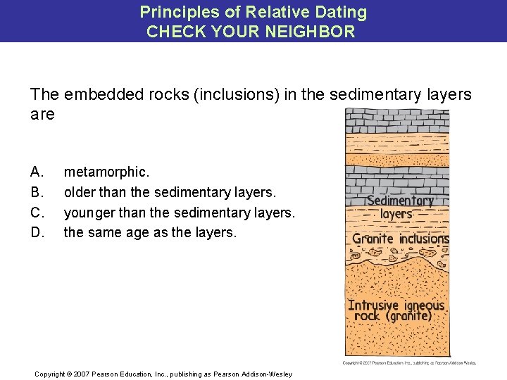 Principles of Relative Dating CHECK YOUR NEIGHBOR The embedded rocks (inclusions) in the sedimentary