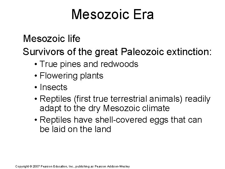 Mesozoic Era Mesozoic life Survivors of the great Paleozoic extinction: • True pines and