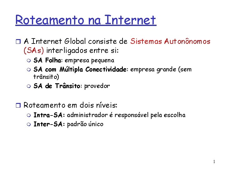 Roteamento na Internet A Internet Global consiste de Sistemas Autonônomos (SAs) interligados entre si: