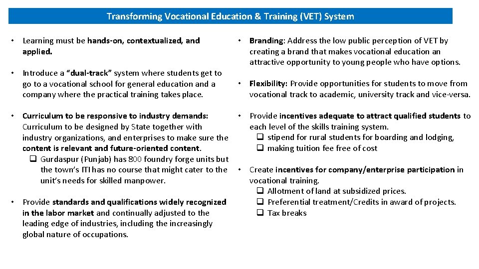 Transforming Vocational Education & Training (VET) System • Learning must be hands-on, contextualized, and