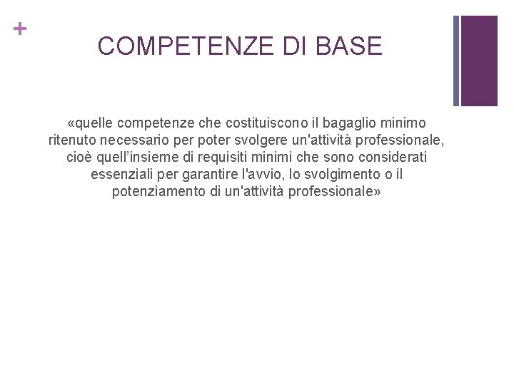 + COMPETENZE DI BASE «quelle competenze che costituiscono il bagaglio minimo ritenuto necessario per