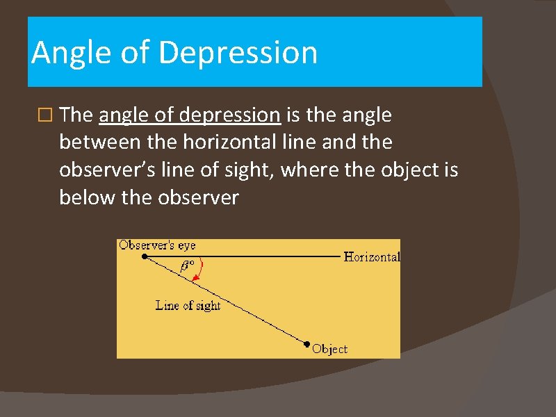 Angle of Depression � The angle of depression is the angle between the horizontal