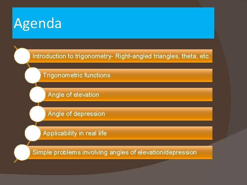 Agenda Introduction to trigonometry- Right-angled triangles, theta, etc. Trigonometric functions Angle of elevation Angle