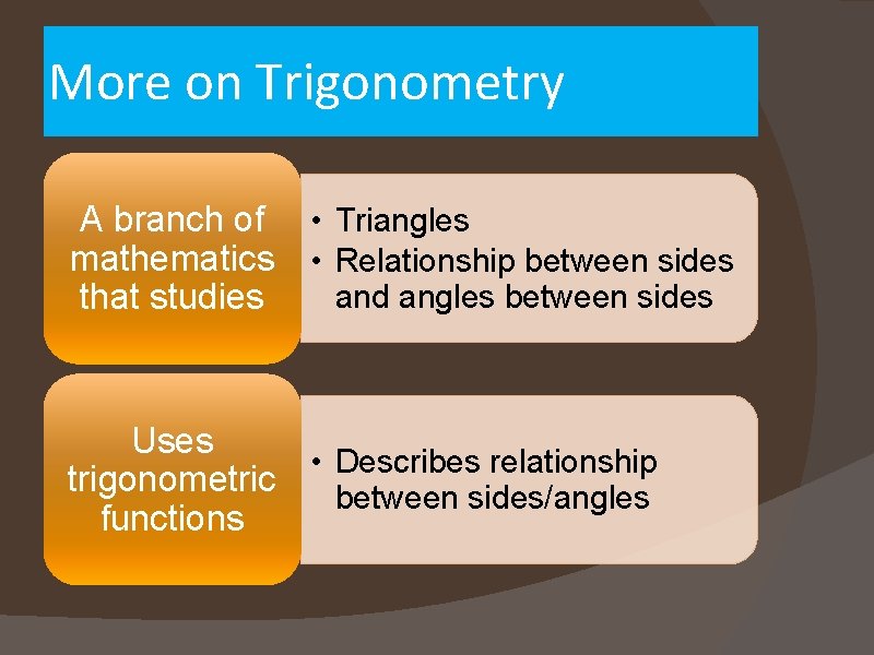 More on Trigonometry A branch of mathematics that studies • Triangles • Relationship between