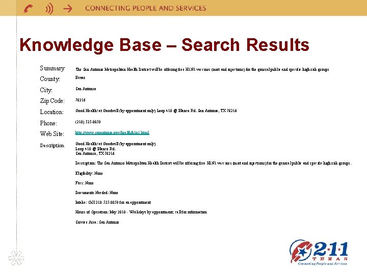 Knowledge Base – Search Results Summary The San Antonio Metropolitan Health District will be