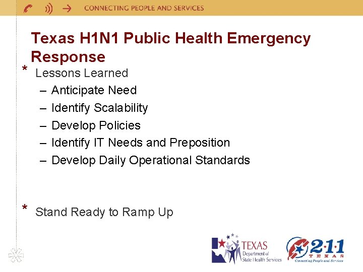 * * Texas H 1 N 1 Public Health Emergency Response Lessons Learned –