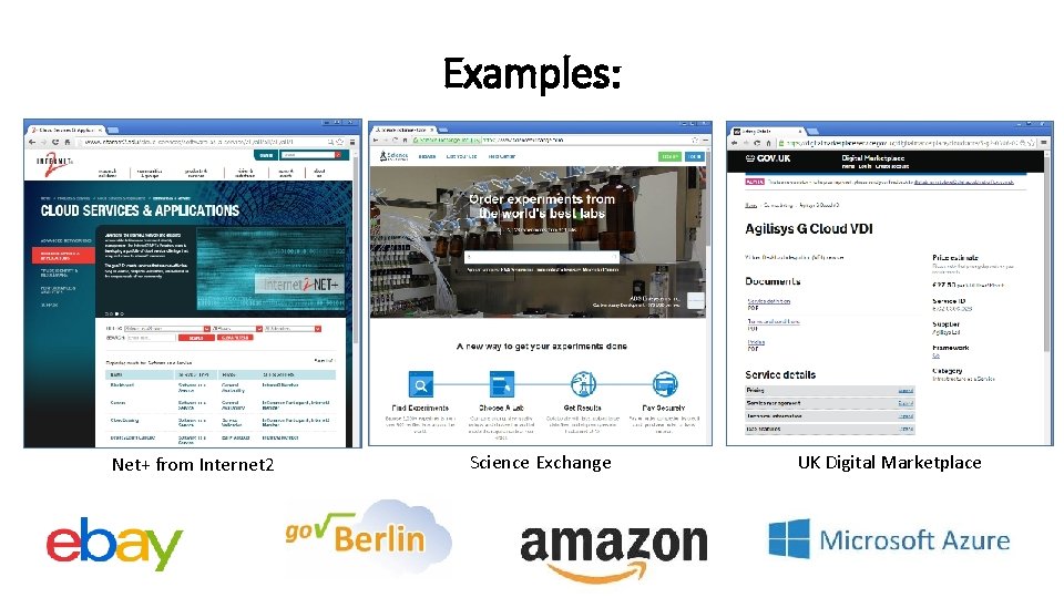 Examples: Net+ from Internet 2 Science Exchange UK Digital Marketplace 