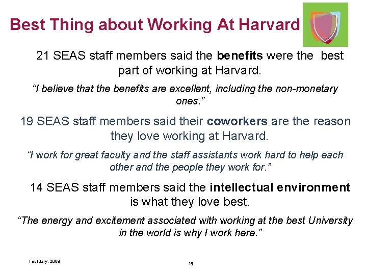 Best Thing about Working At Harvard 21 SEAS staff members said the benefits were