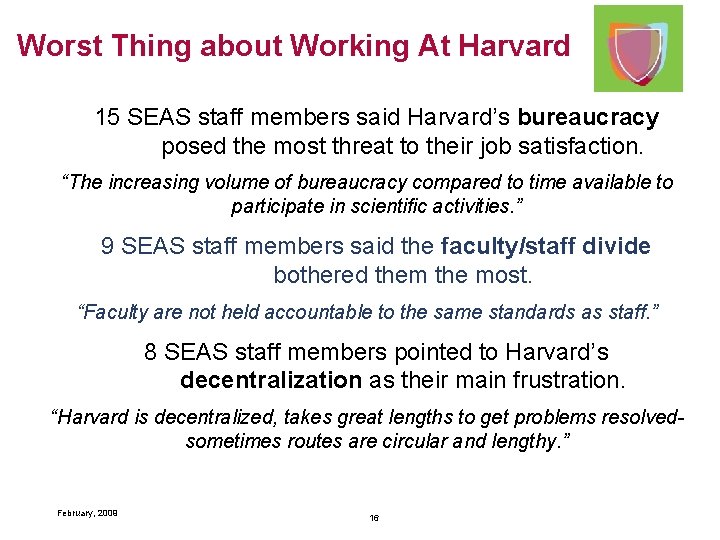 Worst Thing about Working At Harvard 15 SEAS staff members said Harvard’s bureaucracy posed