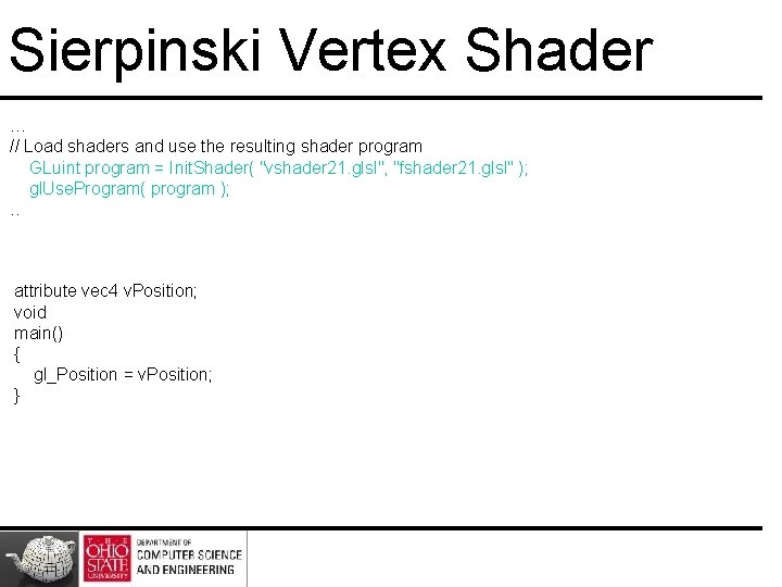 Sierpinski Vertex Shader … // Load shaders and use the resulting shader program GLuint