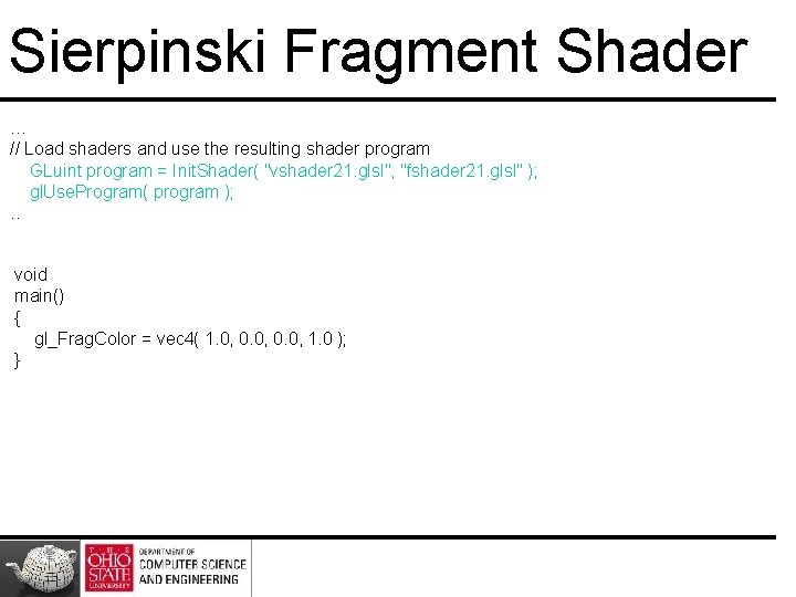 Sierpinski Fragment Shader … // Load shaders and use the resulting shader program GLuint