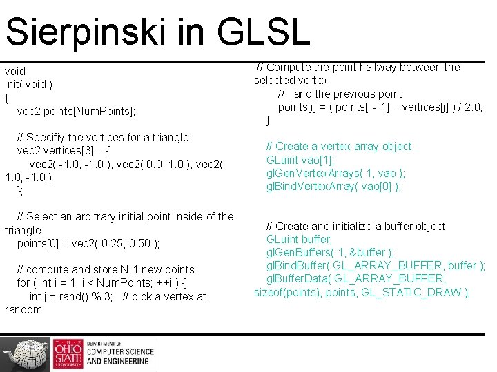 Sierpinski in GLSL void init( void ) { vec 2 points[Num. Points]; // Specifiy