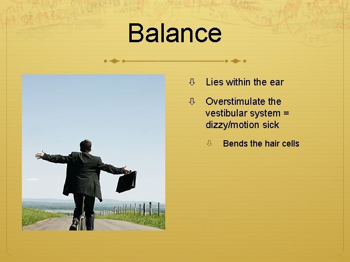 Balance Lies within the ear Overstimulate the vestibular system = dizzy/motion sick Bends the