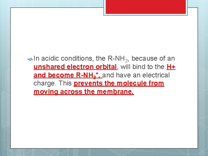  In acidic conditions, the R-NH 2, because of an unshared electron orbital, will