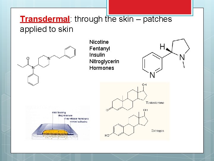 Transdermal: through the skin – patches applied to skin Nicotine Fentanyl Insulin Nitroglycerin Hormones