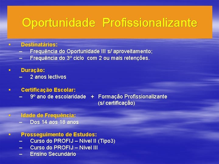 Oportunidade Profissionalizante § Destinatários: – Frequência do Oportunidade III s/ aproveitamento; – Frequência do