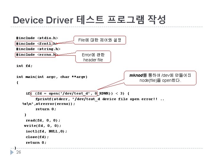Device Driver 테스트 프로그램 작성 #include <stdio. h> <fcntl. h> <string. h> <errno. h>