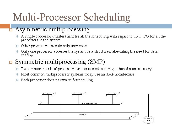 Multi-Processor Scheduling Asymmetric multiprocessing A single processor (master) handles all the scheduling with regard