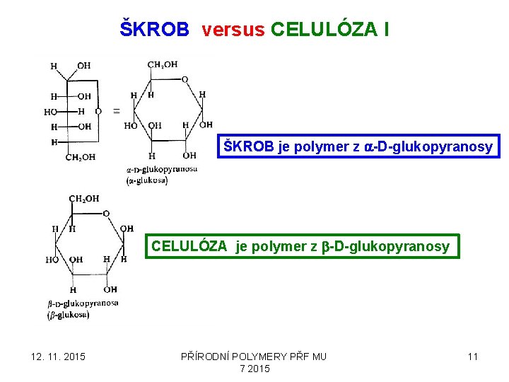 ŠKROB versus CELULÓZA I ŠKROB je polymer z a-D-glukopyranosy CELULÓZA je polymer z b-D-glukopyranosy