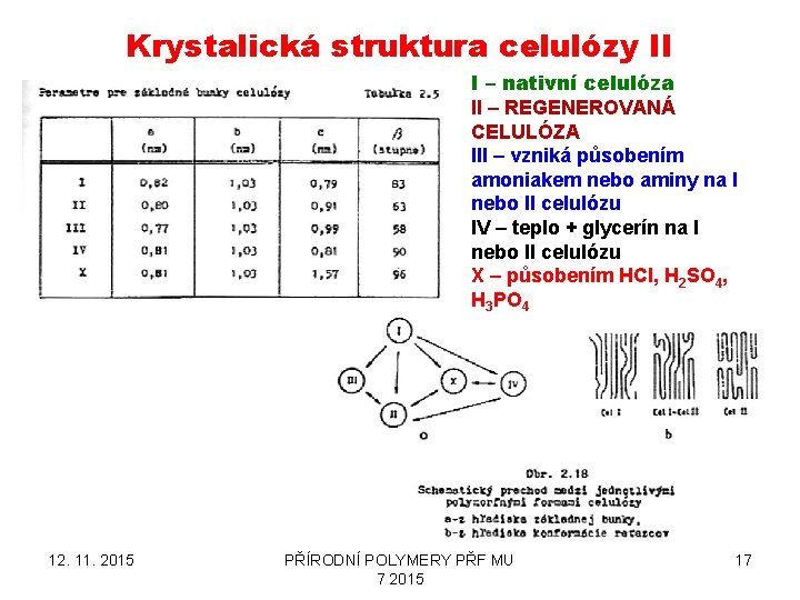 Krystalická struktura celulózy II I – nativní celulóza II – REGENEROVANÁ CELULÓZA III –