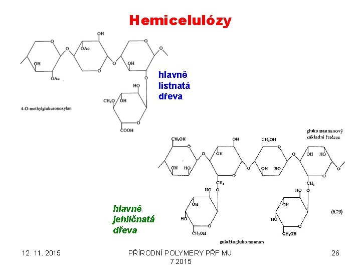 Hemicelulózy hlavně listnatá dřeva hlavně jehličnatá dřeva 12. 11. 2015 PŘÍRODNÍ POLYMERY PŘF MU