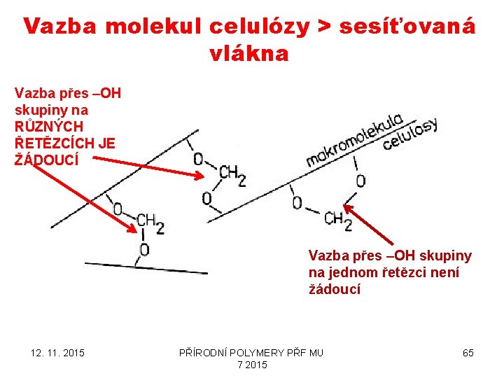 Vazba molekul celulózy > sesíťovaná vlákna Vazba přes –OH skupiny na RŮZNÝCH ŘETĚZCÍCH JE