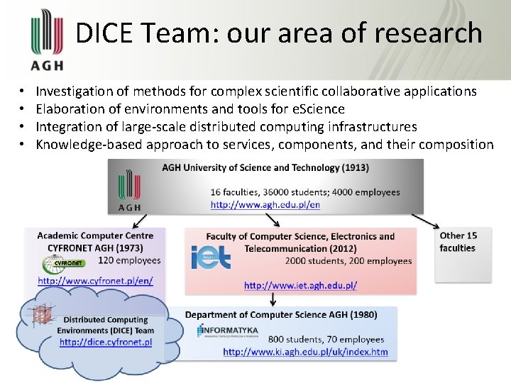 DICE Team: our area of research • • Investigation of methods for complex scientific