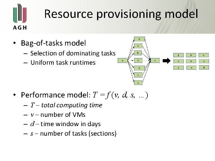 Resource provisioning model • Bag-of-tasks model – Selection of dominating tasks – Uniform task