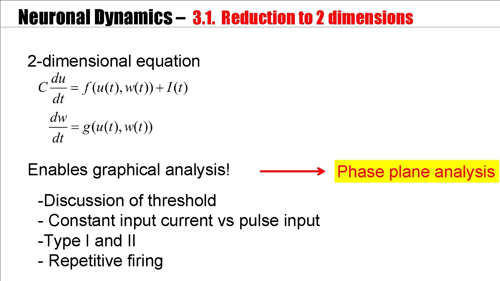 Neuronal Dynamics – 3. 1. Reduction to 2 dimensions 2 -dimensional equation Enables graphical