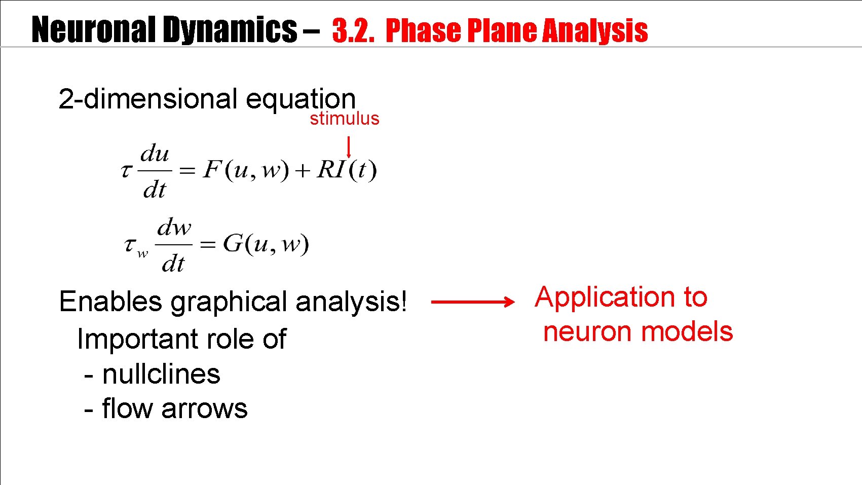 Neuronal Dynamics – 3. 2. Phase Plane Analysis 2 -dimensional equation stimulus Enables graphical