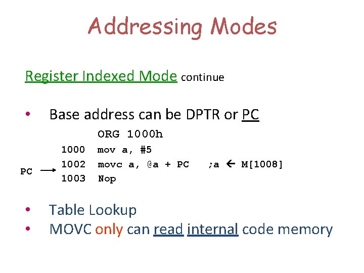 Addressing Modes Register Indexed Mode continue • Base address can be DPTR or PC