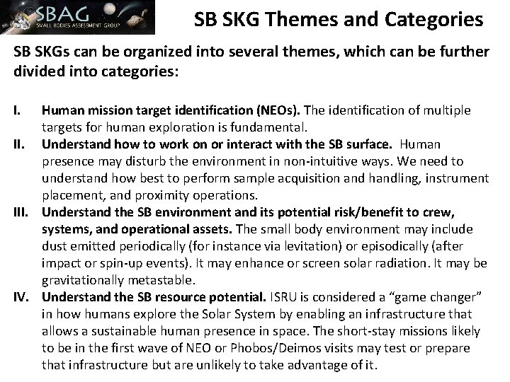 SB SKG Themes and Categories SB SKGs can be organized into several themes, which