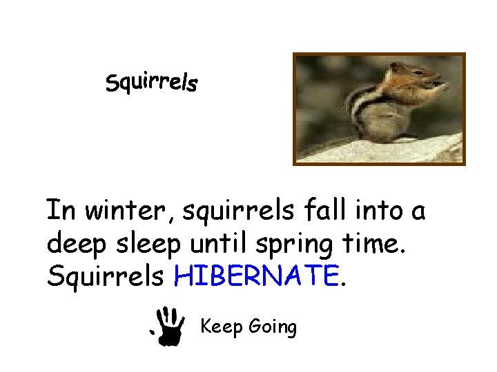 In winter, squirrels fall into a deep sleep until spring time. Squirrels HIBERNATE. Keep