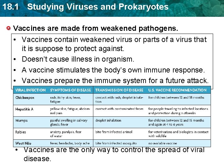 18. 1 Studying Viruses and Prokaryotes Vaccines are made from weakened pathogens. • Vaccines 18. 1 Studying Viruses and Prokaryotes Vaccines are made from weakened pathogens. • Vaccines