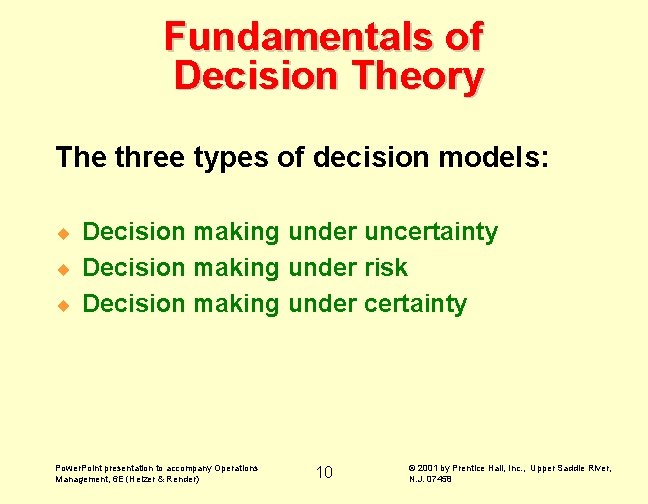 Fundamentals of Decision Theory The three types of decision models: ¨ Decision making under