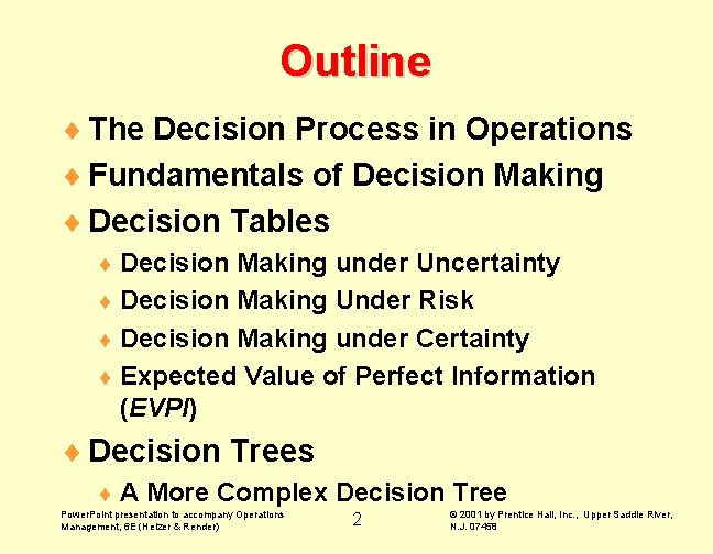 Outline ¨ The Decision Process in Operations ¨ Fundamentals of Decision Making ¨ Decision
