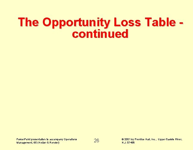 The Opportunity Loss Table continued Power. Point presentation to accompany Operations Management, 6 E