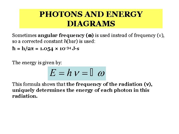 PHOTONS AND ENERGY DIAGRAMS Sometimes angular frequency ( ) is used instead of frequency