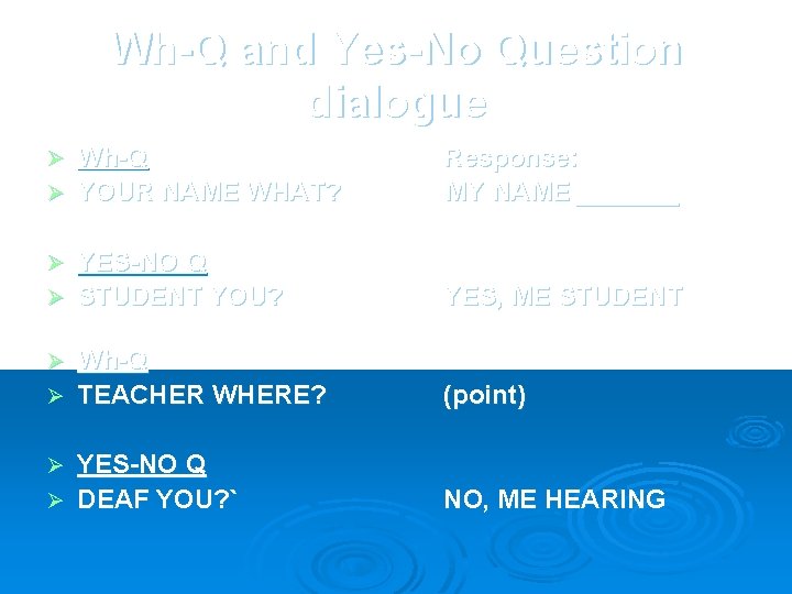 Wh-Q and Yes-No Question dialogue Wh-Q Ø YOUR NAME WHAT? Response: MY NAME _______