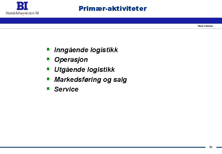 Primær-aktiviteter Gisle Henden § § § Inngående logistikk Operasjon Utgående logistikk Markedsføring og salg