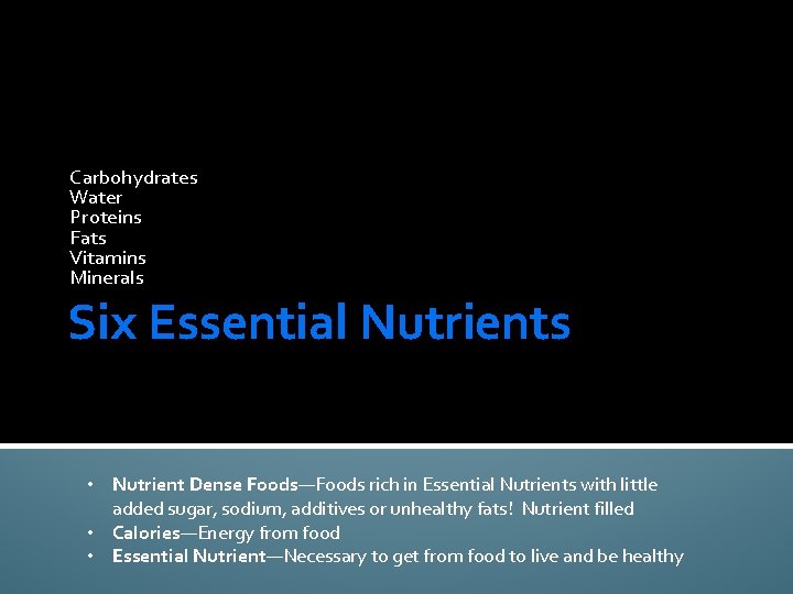 Carbohydrates Water Proteins Fats Vitamins Minerals Six Essential Nutrients • Nutrient Dense Foods—Foods rich