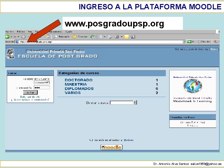 INGRESO A LA PLATAFORMA MOODLE www. posgradoupsp. org Dr. Antonio Alva Santos aalva 1959@yahoo.