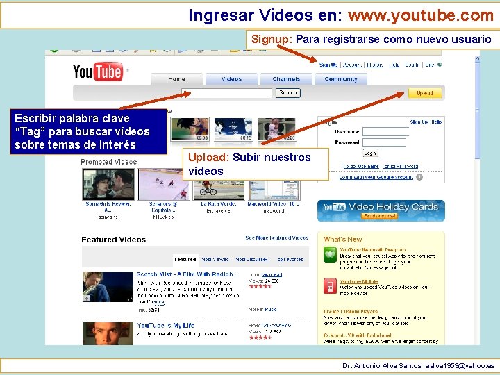 Ingresar Vídeos en: www. youtube. com Signup: Para registrarse como nuevo usuario Escribir palabra