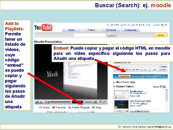 Buscar (Search): ej. moodle Add to Playlists: Permite tener un listado de vídeos, cuyo